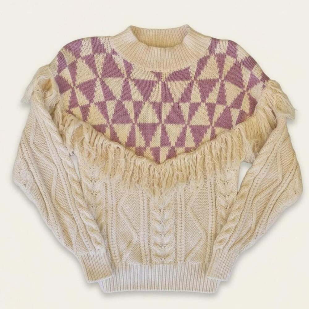 Vintage csc chunky cable knit western fringe sweater